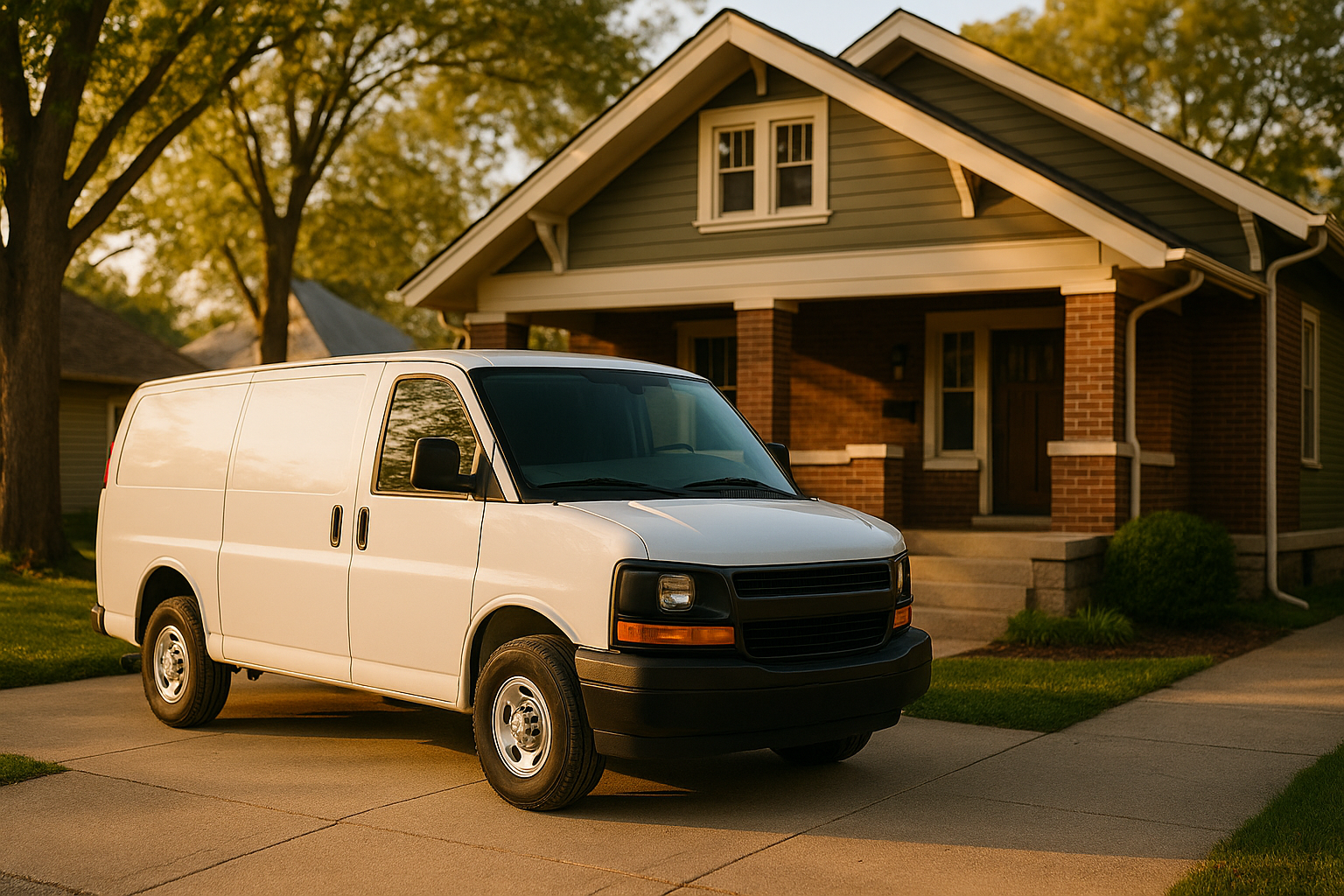 Unbranded service van in driveway of an Indianapolis bungalow at golden hour, brick facade, driveway, trees, warm natural light.