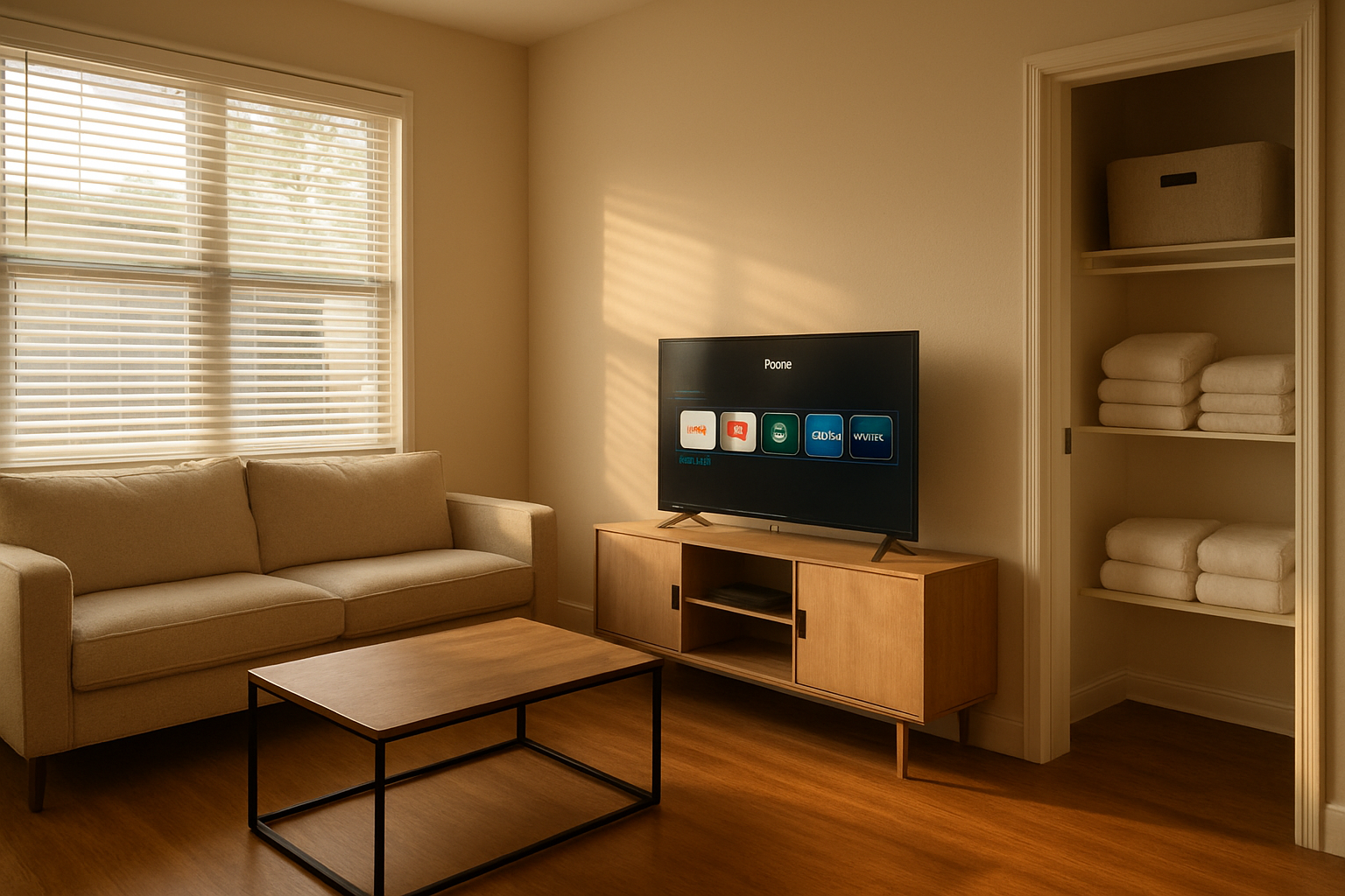 Bright living room with open blinds, hardwood floors, media console, smart thermostat, and labeled linen storage bin; warm natural daylight.