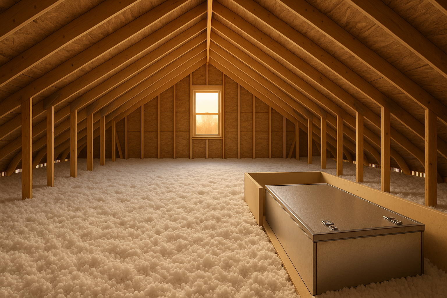 Attic panorama with R-49 blown-in insulation, eave baffles, roof vents, rigid-foam hatch cover and insulation dam in warm golden light.