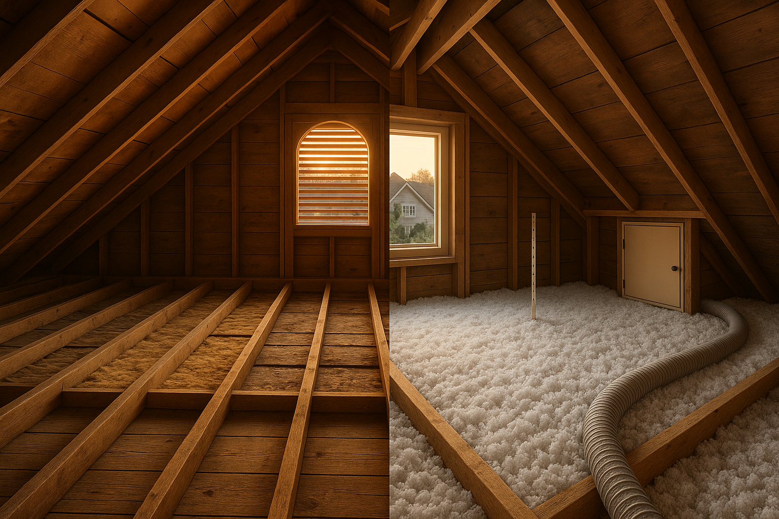 Wide attic before-and-after: left thin old insulation, right deep R-49 blown-in cellulose, depth marker and parked blower hose, warm light.