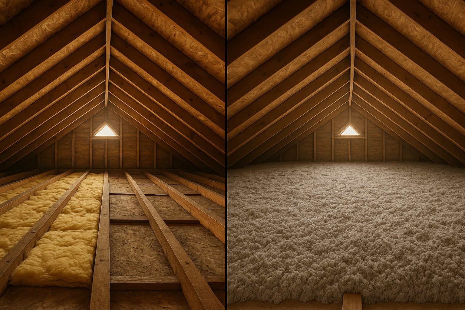 Split attic before/after: settled fiberglass near eaves vs deep blown-in cellulose, diffused daylight in Indianapolis bungalow attic.