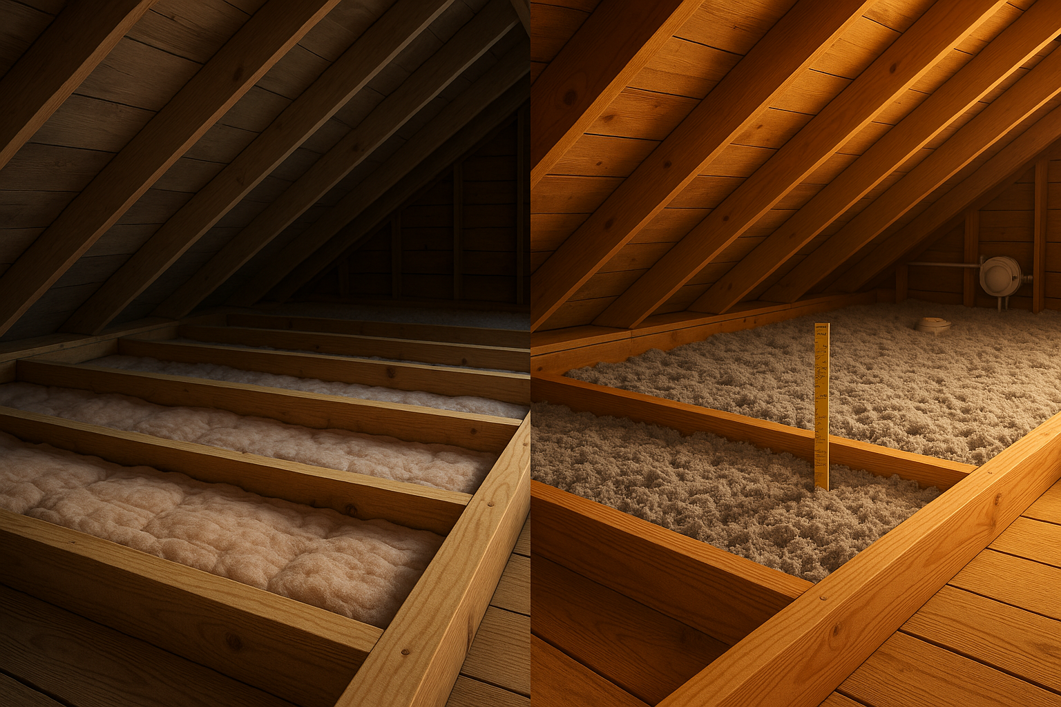 Side-by-side attic: flattened fiberglass (~3–4") vs blown-in cellulose (~10–12") with ruler, warm daylight, clean joists.
