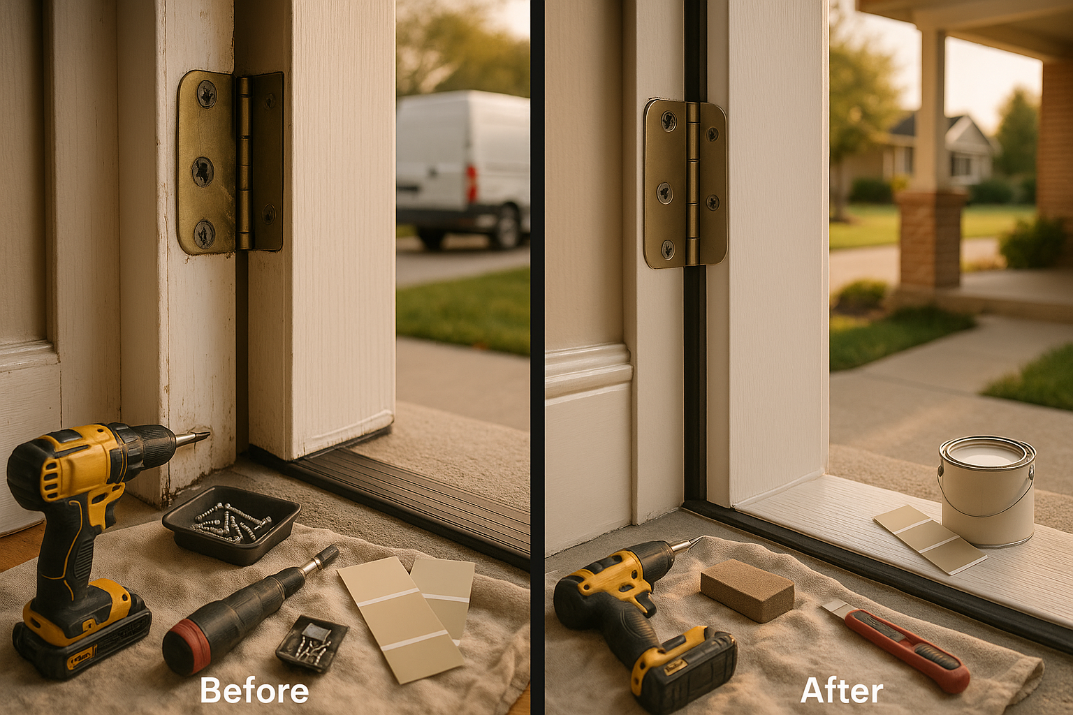 Split before-and-after door jamb repair; new screws, paint swatches, drill, drop cloth, van in warm golden-hour driveway.