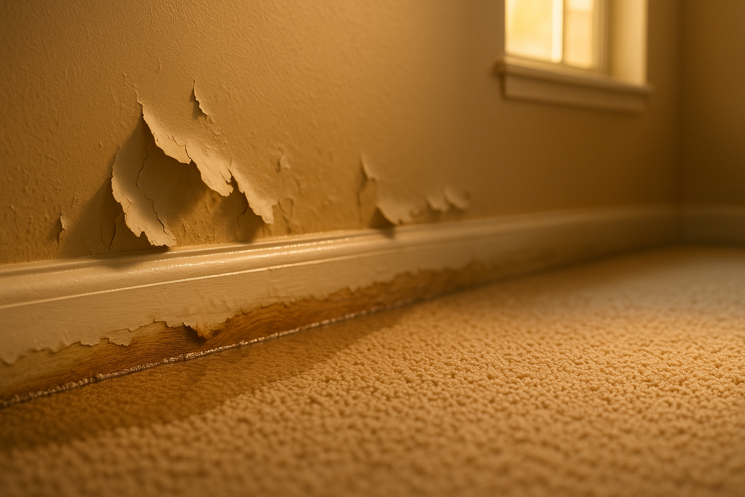 Close-up swollen baseboards, peeling paint, soaked basement carpet with waterline stain in warm golden-hour light.
