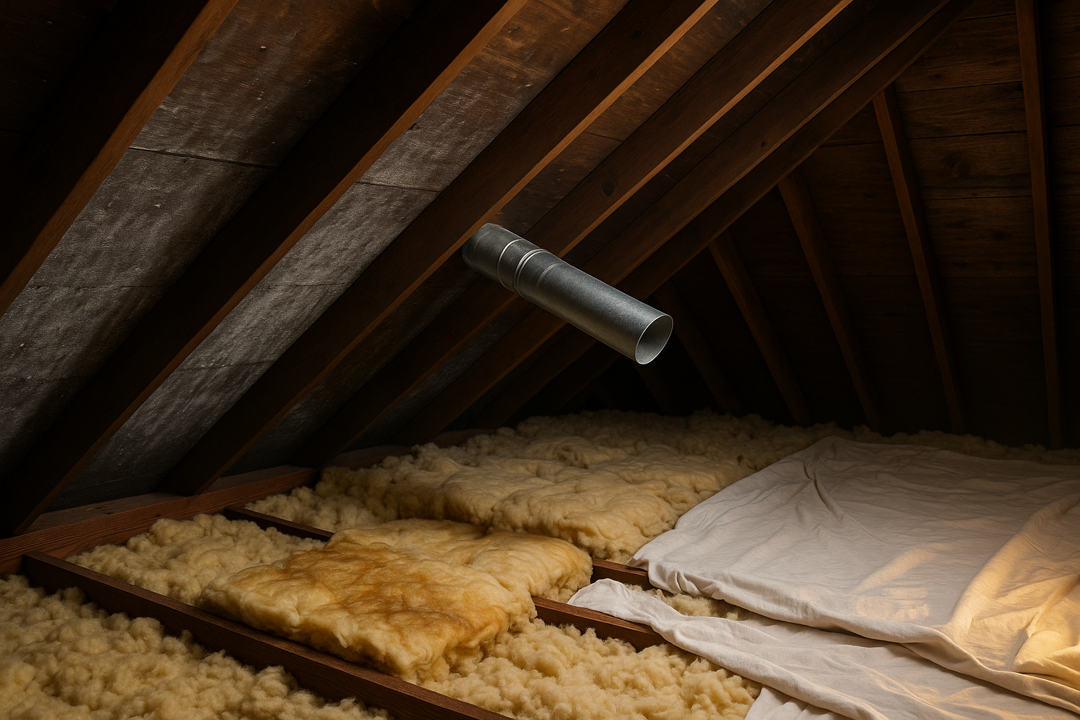 Attic interior: bathroom fan duct terminating into open attic, wet insulation, stained frosted roof sheathing, warm work light.