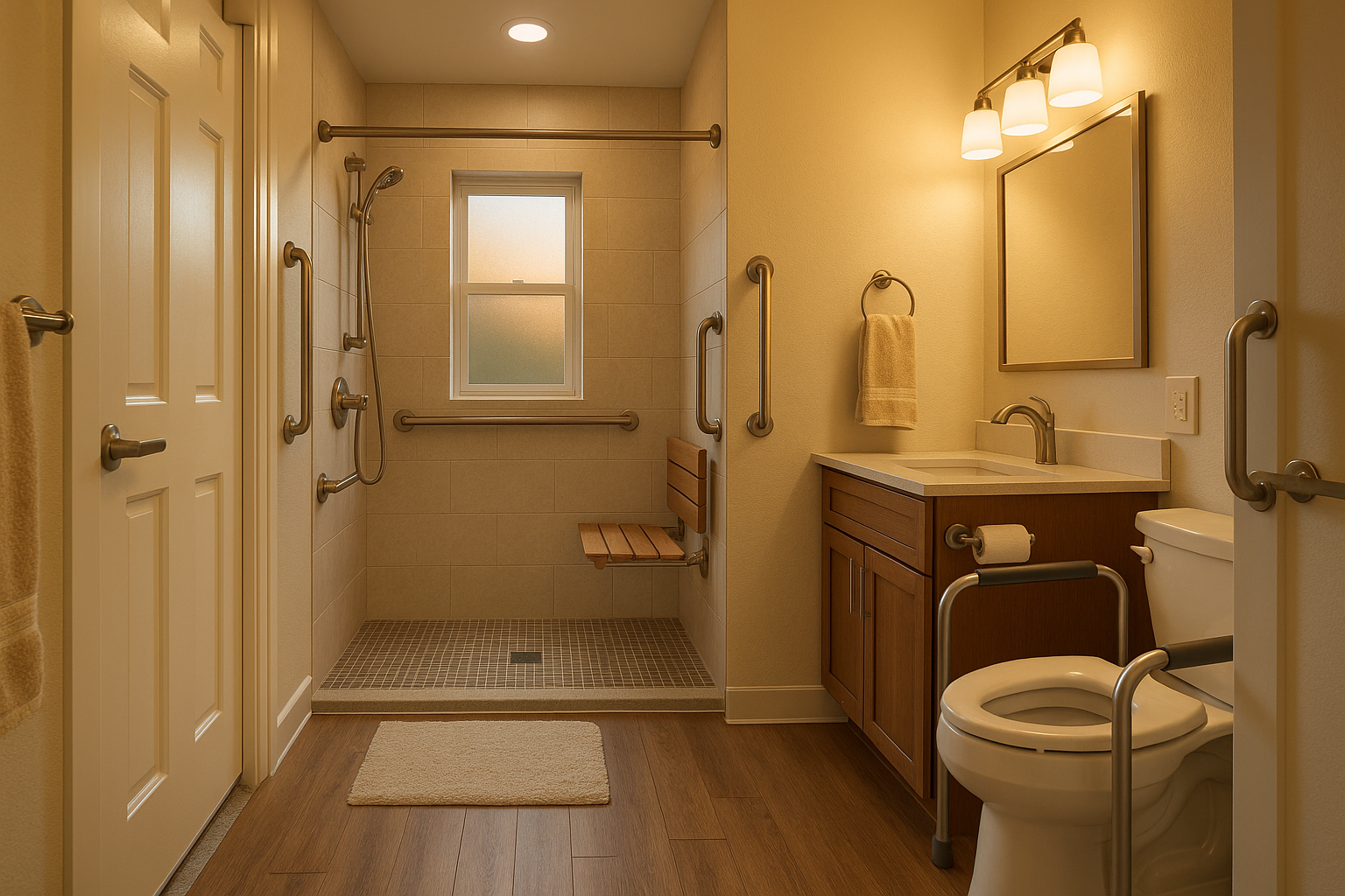 5x8 mid-century Indianapolis bathroom with curbless shower, textured mosaic floor, grab bars, comfort-height toilet, warm golden-hour light.