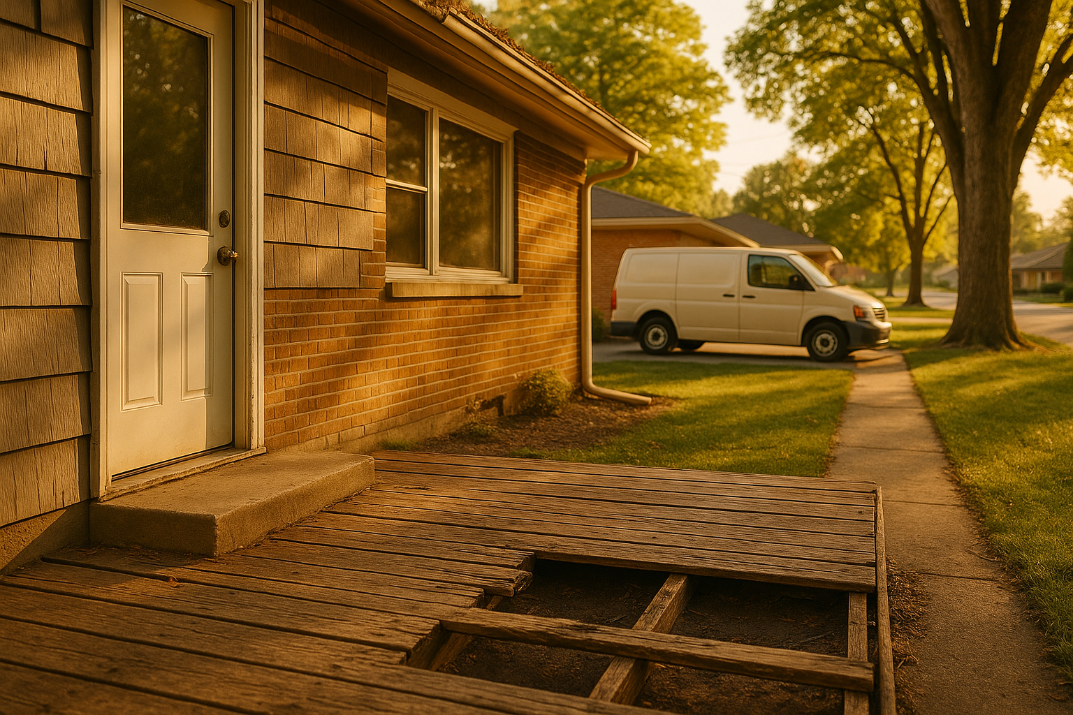 Mid-century ranch exterior at golden hour, service van in driveway, rotting deck boards, gutters with leaves, detached downspout, suburban trees.