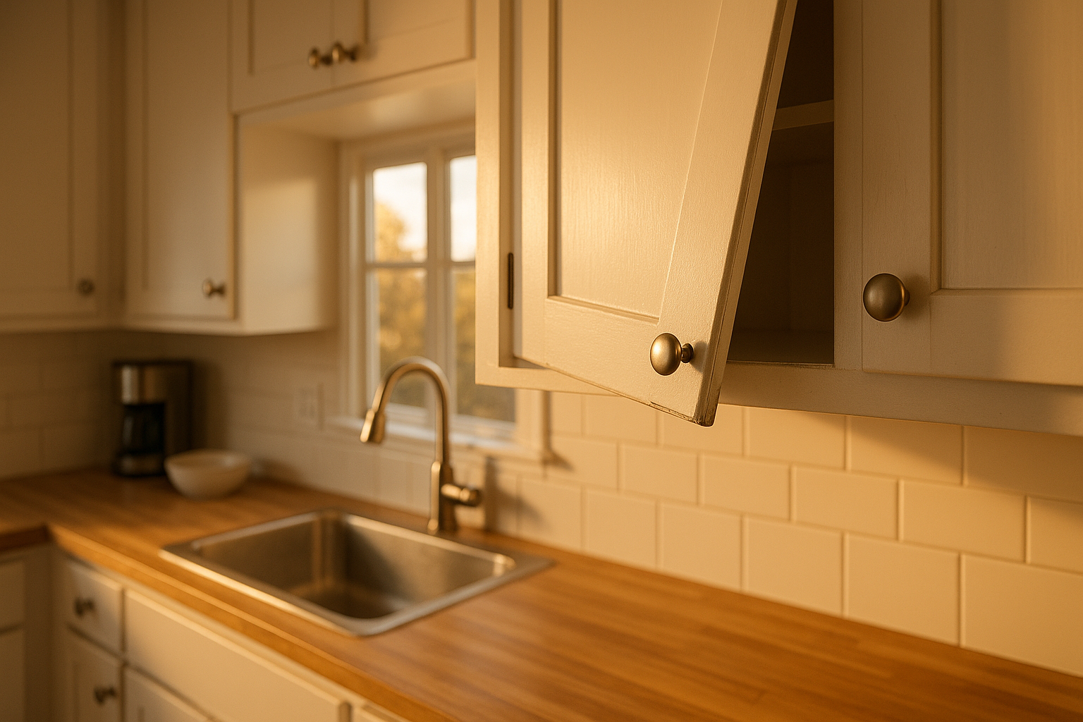 Warm golden-hour kitchen with a painted shaker cabinet door sagging and rubbing its frame, hinge and scuff visible.