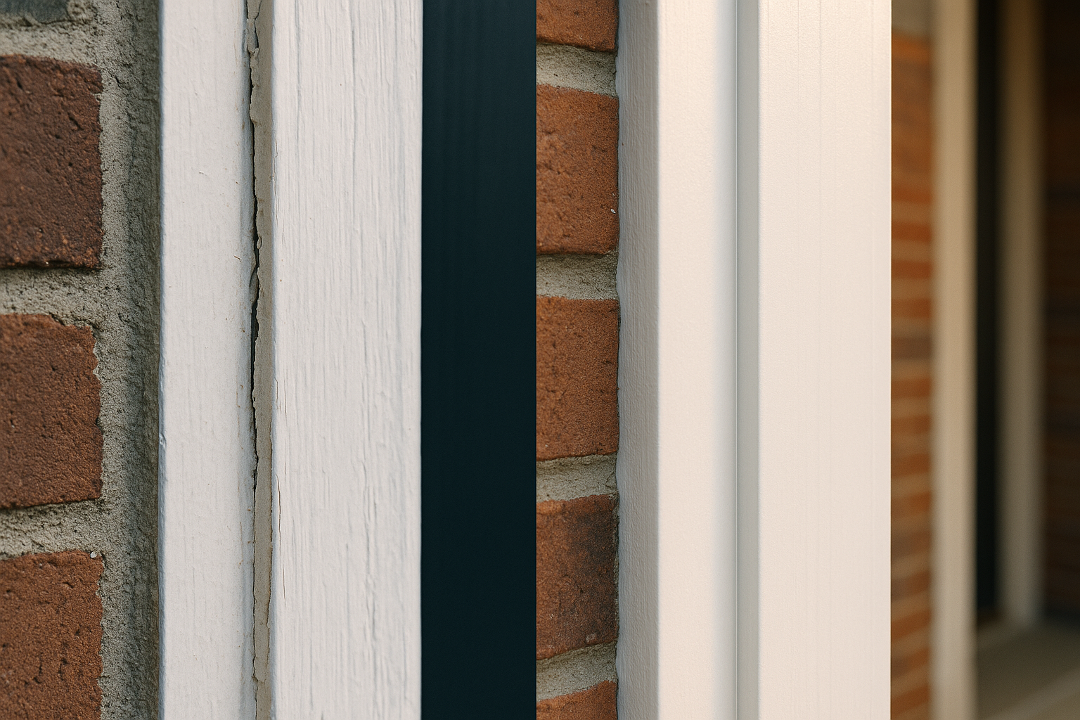 Split close-up of front door trim: cracked caulk/gap (left) and freshly recaulked, painted trim (right) in warm daylight.