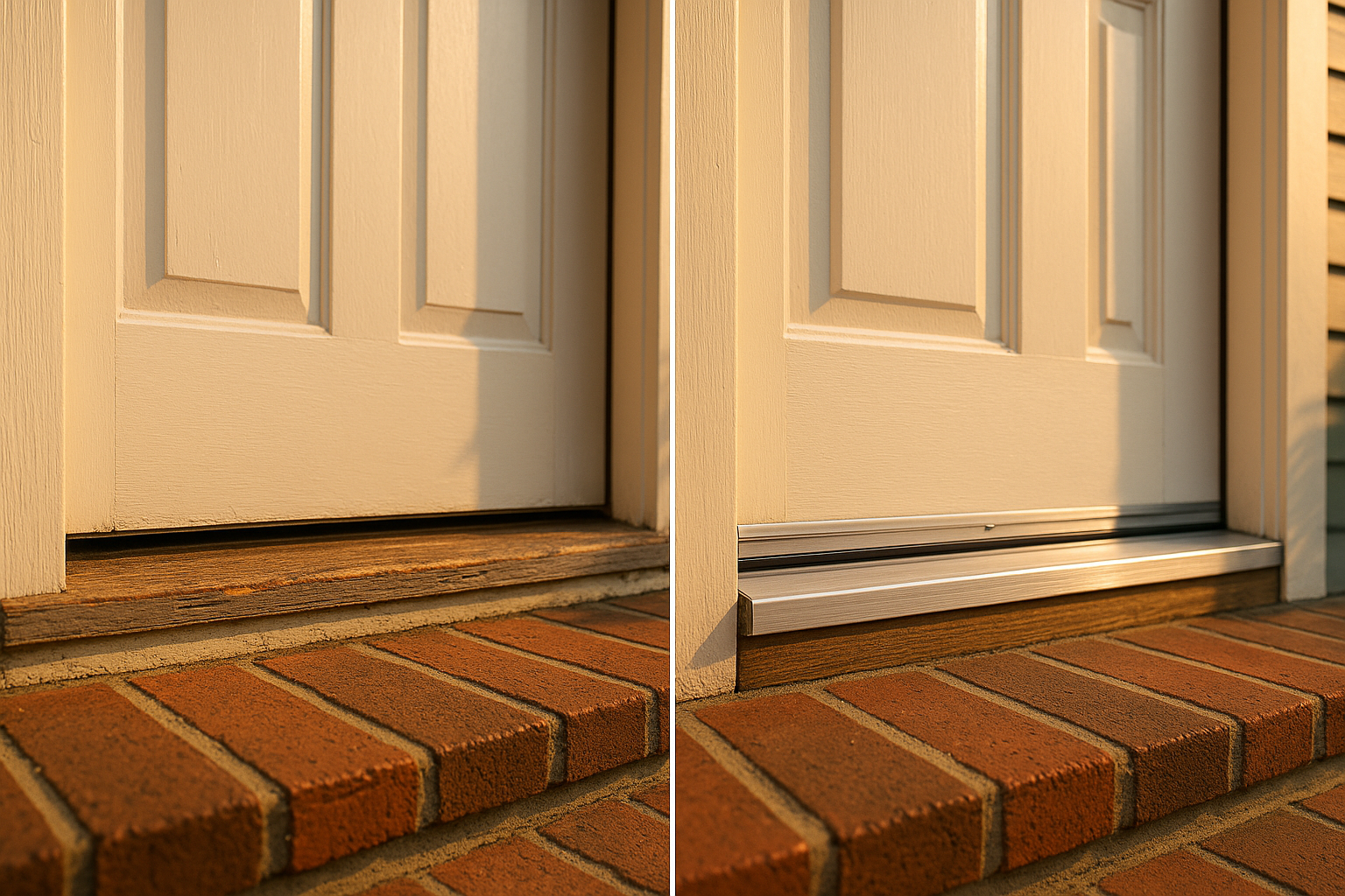 Split front-entry before/after at golden hour: daylight under door left, sealed door with sweep and adjustable threshold right.