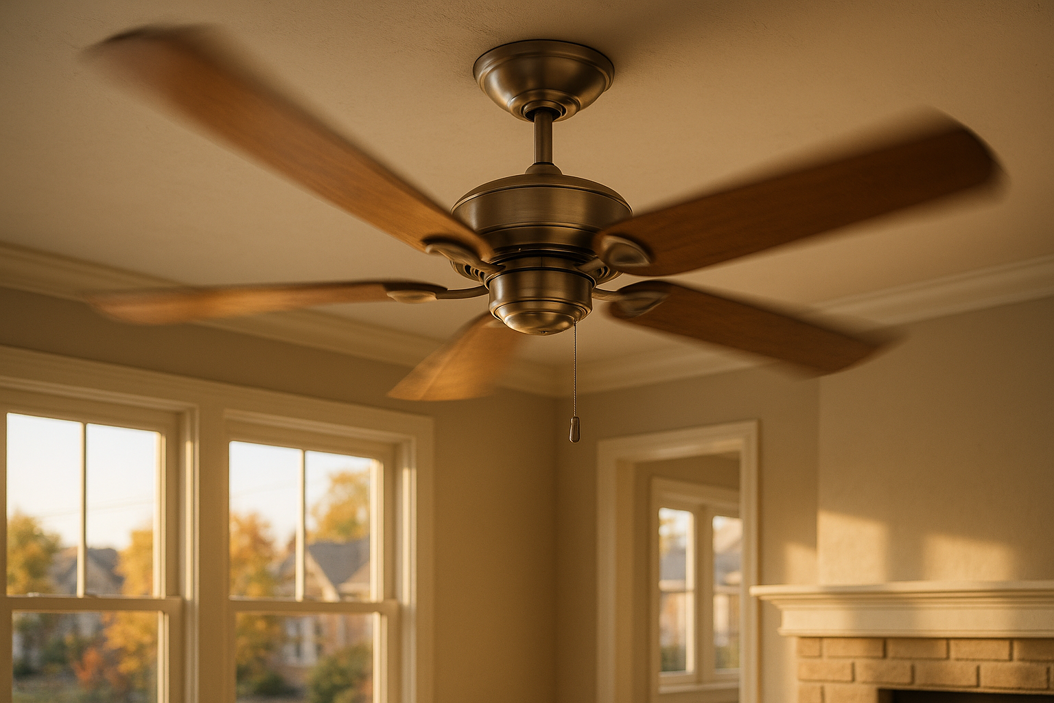 Close-up of wobbling ceiling fan blade in warm living room light, plaster ceiling, visible motion blur and canopy gap.