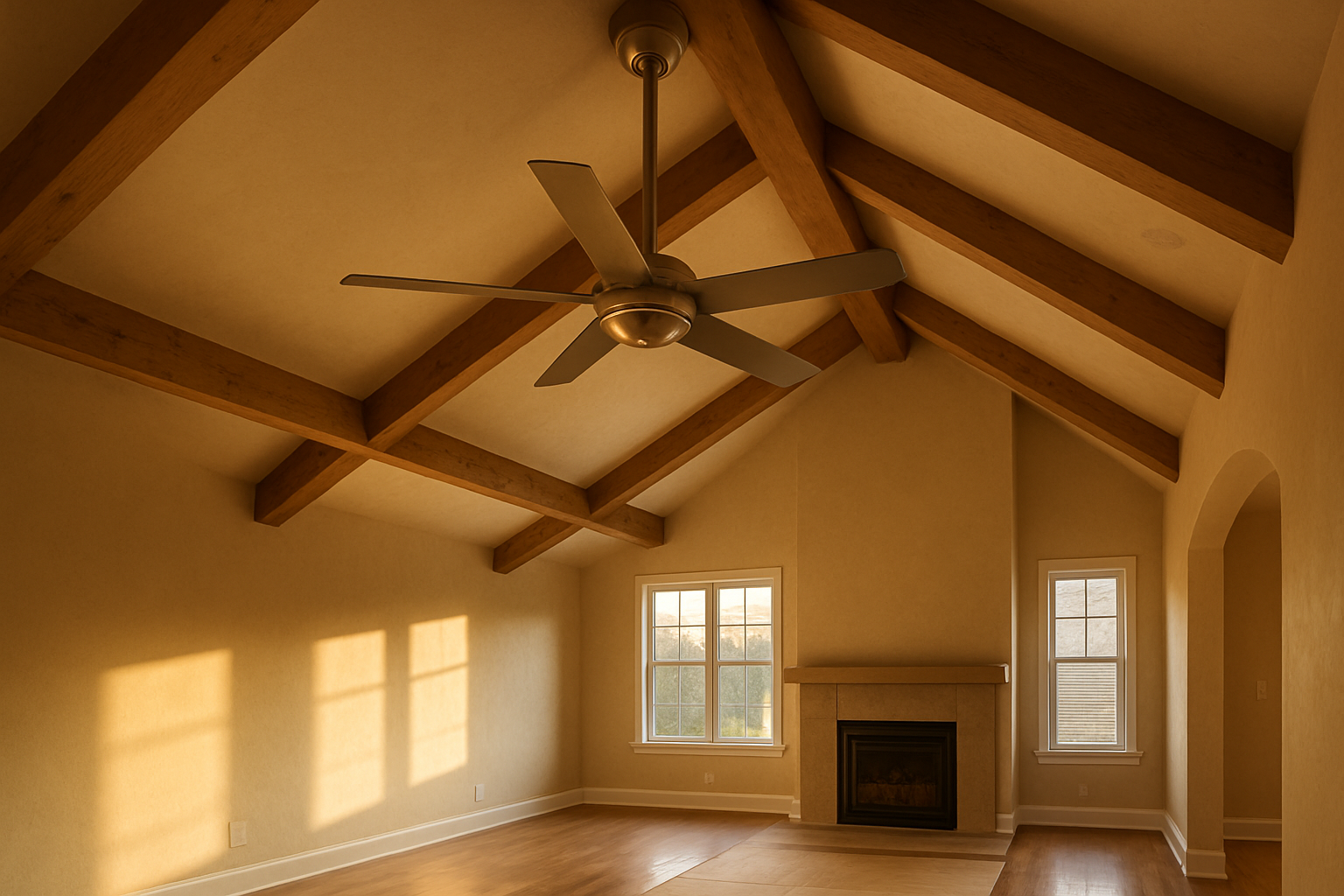 Vaulted living room with brushed-nickel fan on correct downrod and sloped-ceiling adapter in warm golden-hour light.