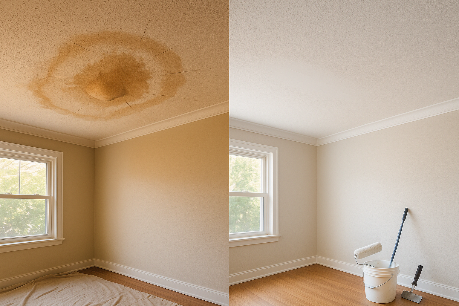 Split before-and-after ceiling: left brown stain and sagging drywall, right patched, textured, primed and repainted, warm daylight.