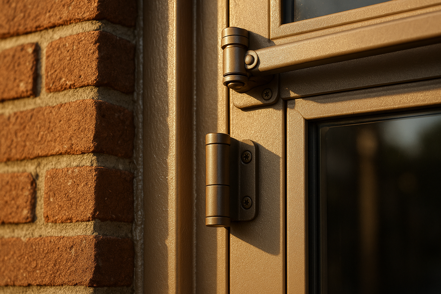 Brick storefront door closer and strike plate with fresh caulk bead in warm golden-hour light.