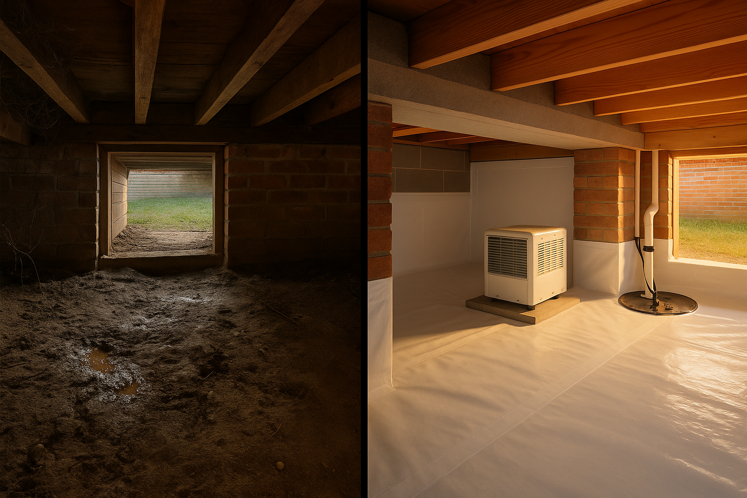 Split before-and-after crawl space: damp dirt floor vs fully encapsulated white liner, dehumidifier, sump, rim-joist foam. Natural daylight.