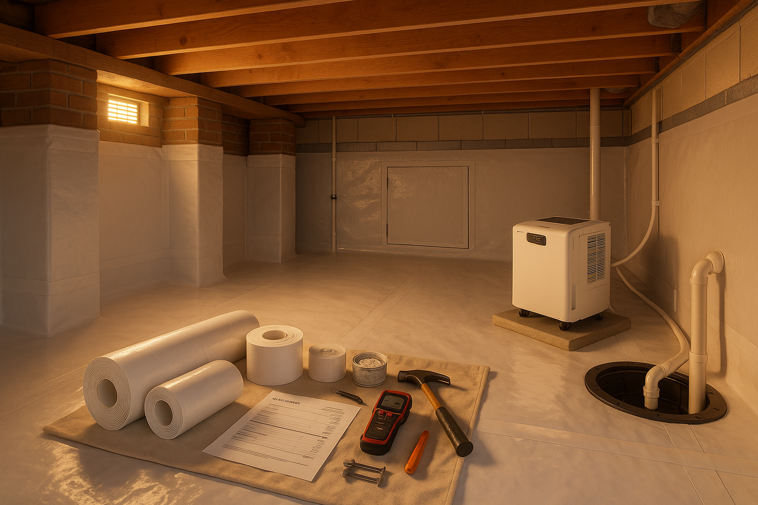 Encapsulated crawl space with 20-mil vapor barrier, sealed access door, dehumidifier, sump pump, taped seams in warm golden hour light.