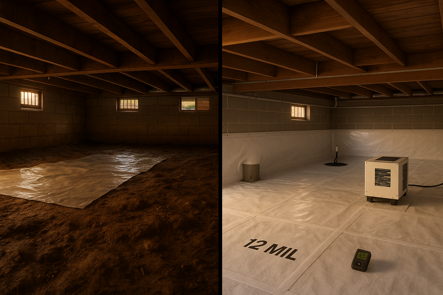 Split crawl-space comparison: ground-only liner vs fully encapsulated 12 mil sealed system, warm daylight, detailed materials.