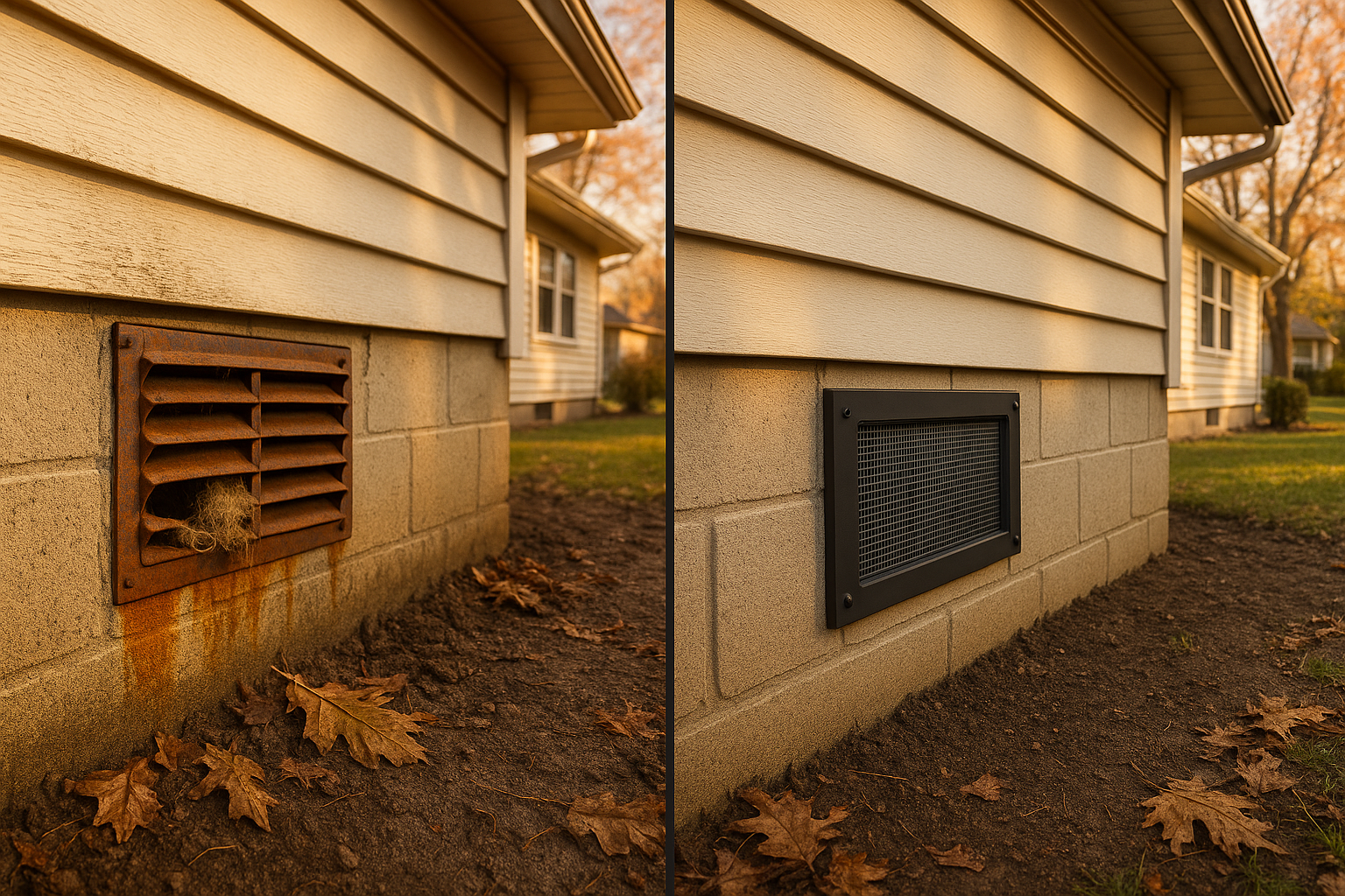Before-and-after foundation: rusty half-open louver vent with mouse nest vs. new powder-coated steel vent cover with gasket.
