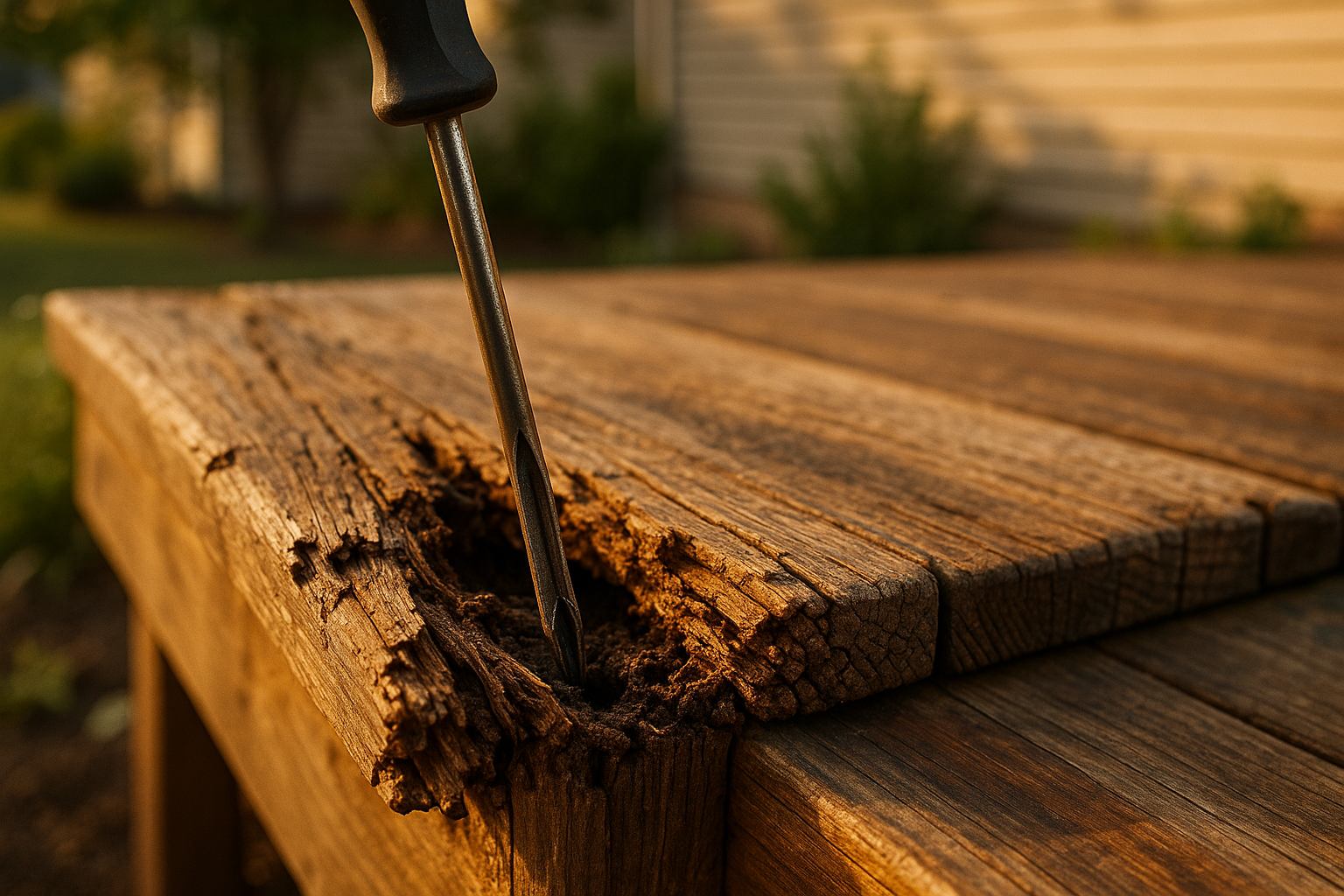 Close-up rotted deck board with end-grain splits and screwdriver probe, warm daylight on suburban deck.