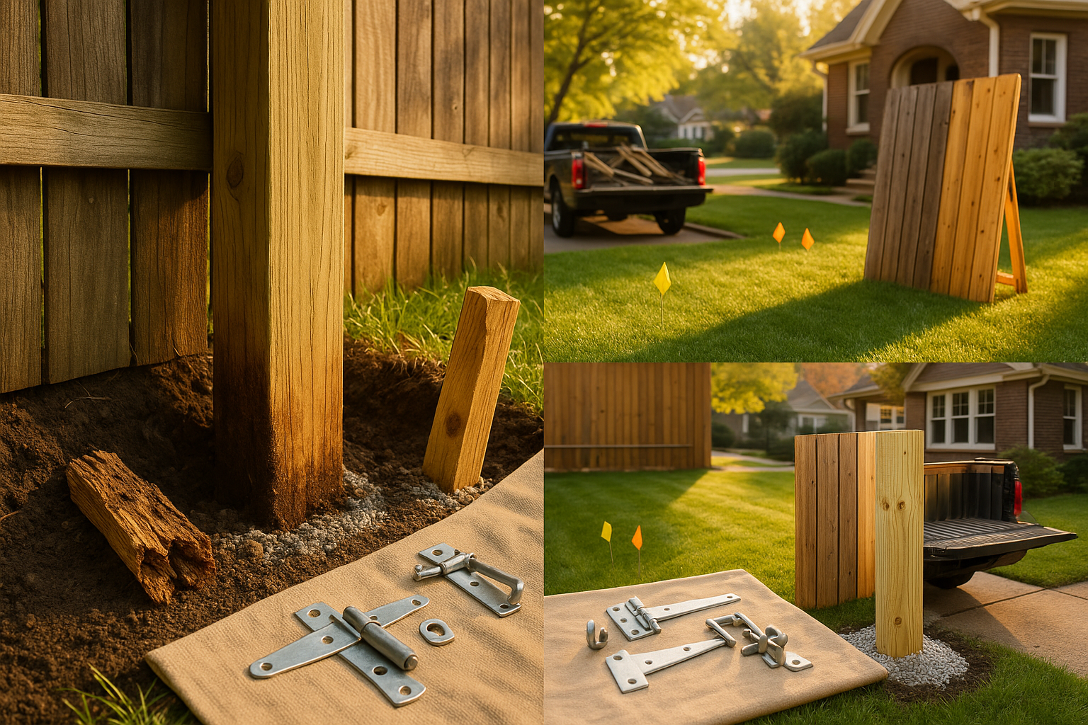 Split scene showing rotted ground-line post, detached gate, new post in concrete, hardware on tarp, 811 flags, truck bed debris in Indianapolis yard.