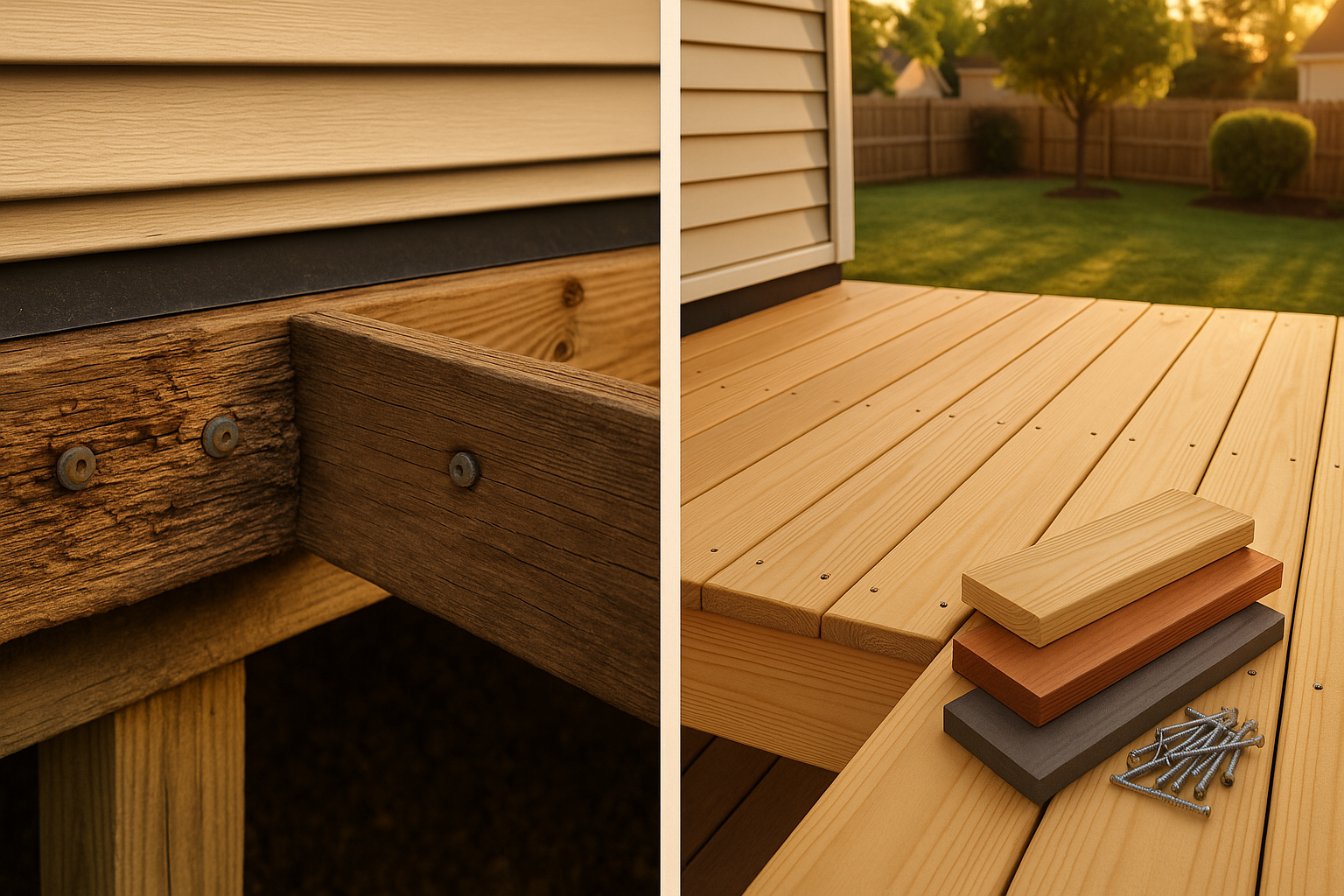 Side-by-side: rotted ledger and joists vs repaired deck with new boards and visible ledger flashing, warm golden hour, suburban yard.