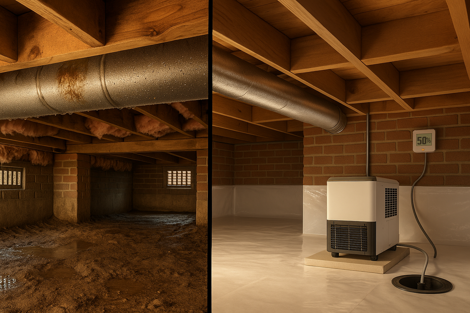 Split crawl space: vented moist side vs sealed encapsulated side with dehumidifier, sump pit, and humidistat in warm daylight.