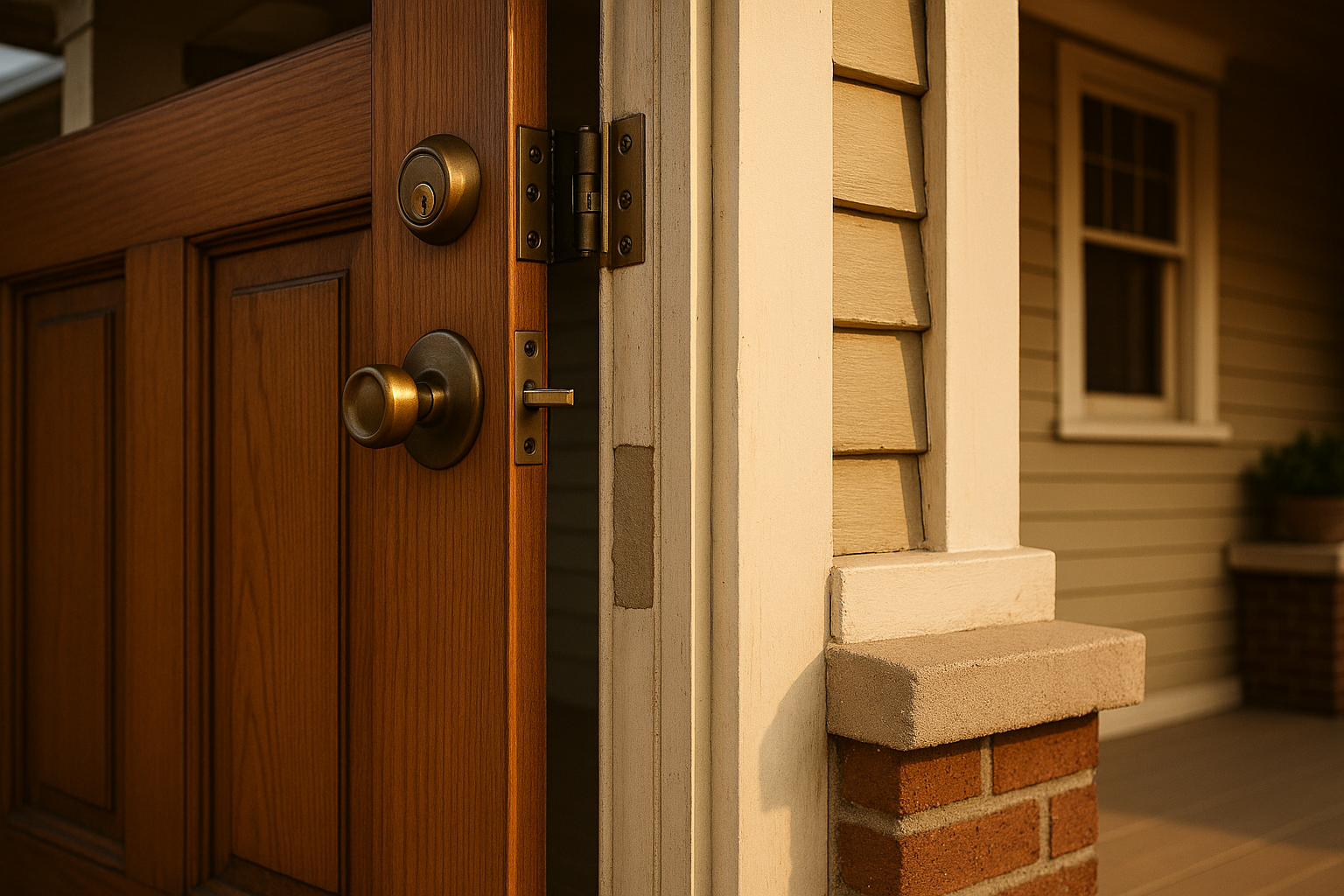 Bungalow front entry with deadbolt extended, visible gap, reinforced strike plate, hinge screws, jamb repair and new sweep in warm daylight.