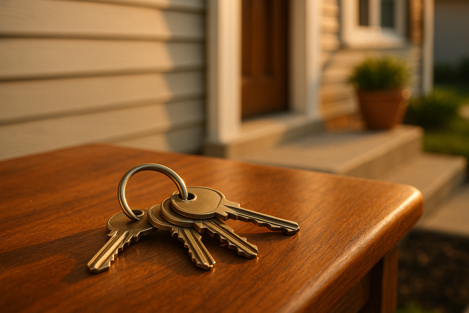 Brass keyring with house keys on a wooden porch table in warm golden-hour light, suburban entry, metal and wood textures.