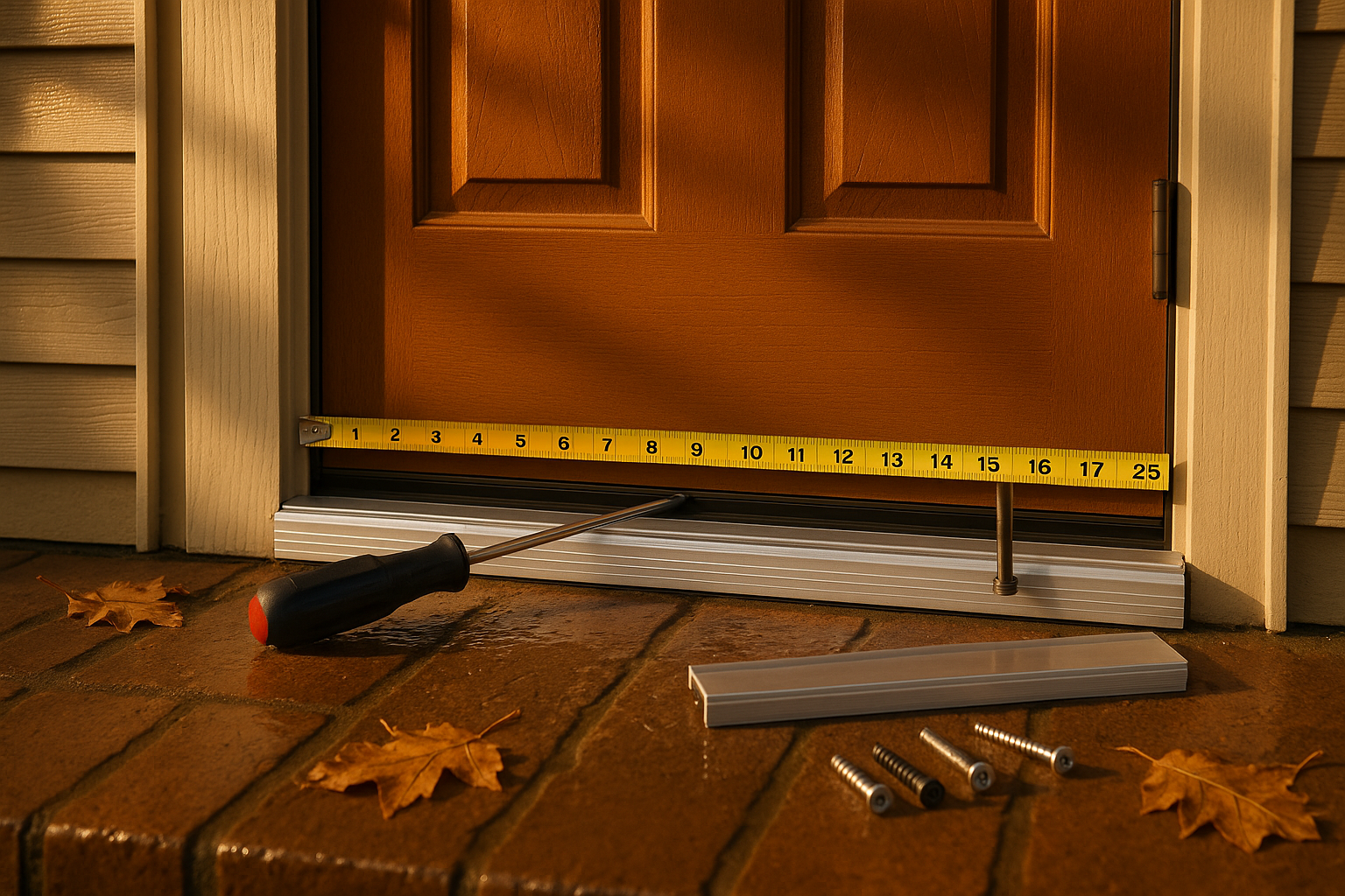 Indianapolis wood exterior door with daylight gap, threshold tape, screws and anodized sweep, puddles and leaves in golden-hour light.