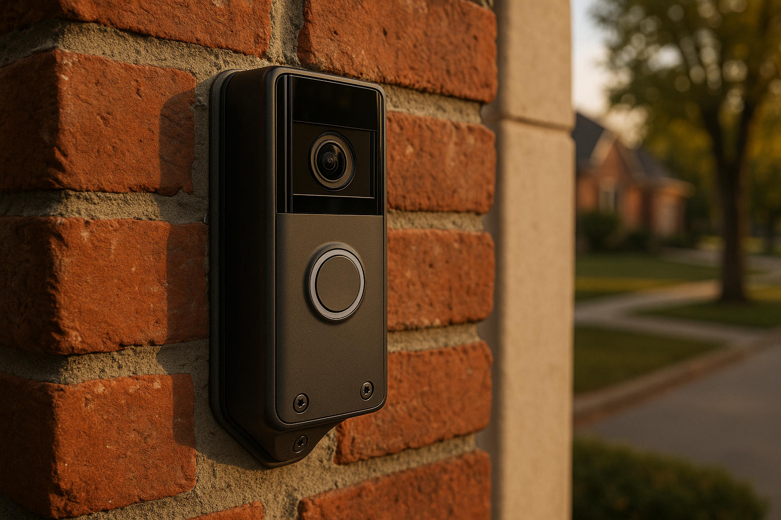 Brick mortar-joint doorbell with anchors, gasket, caulk, wedge kit and theft screws in golden hour light.