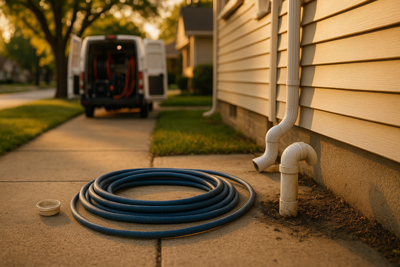 Exterior Indianapolis bungalow yard with exposed sewer cleanout and coiled hydro-jetting hose in warm golden-hour light.