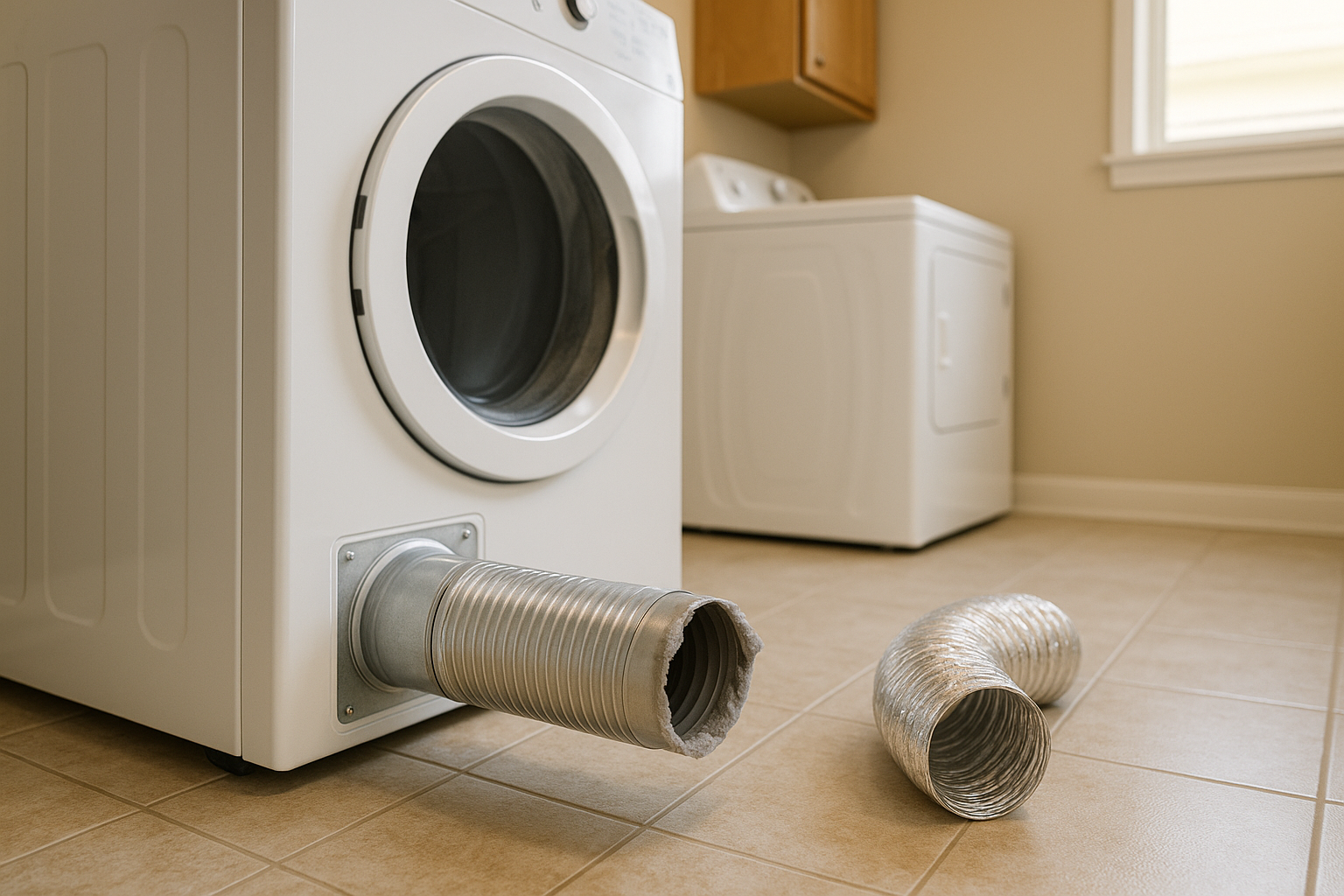 Laundry room, dryer pulled out exposing short semi-rigid transition duct, bright soft indoor daylight, tiled floor, neutral finishes.