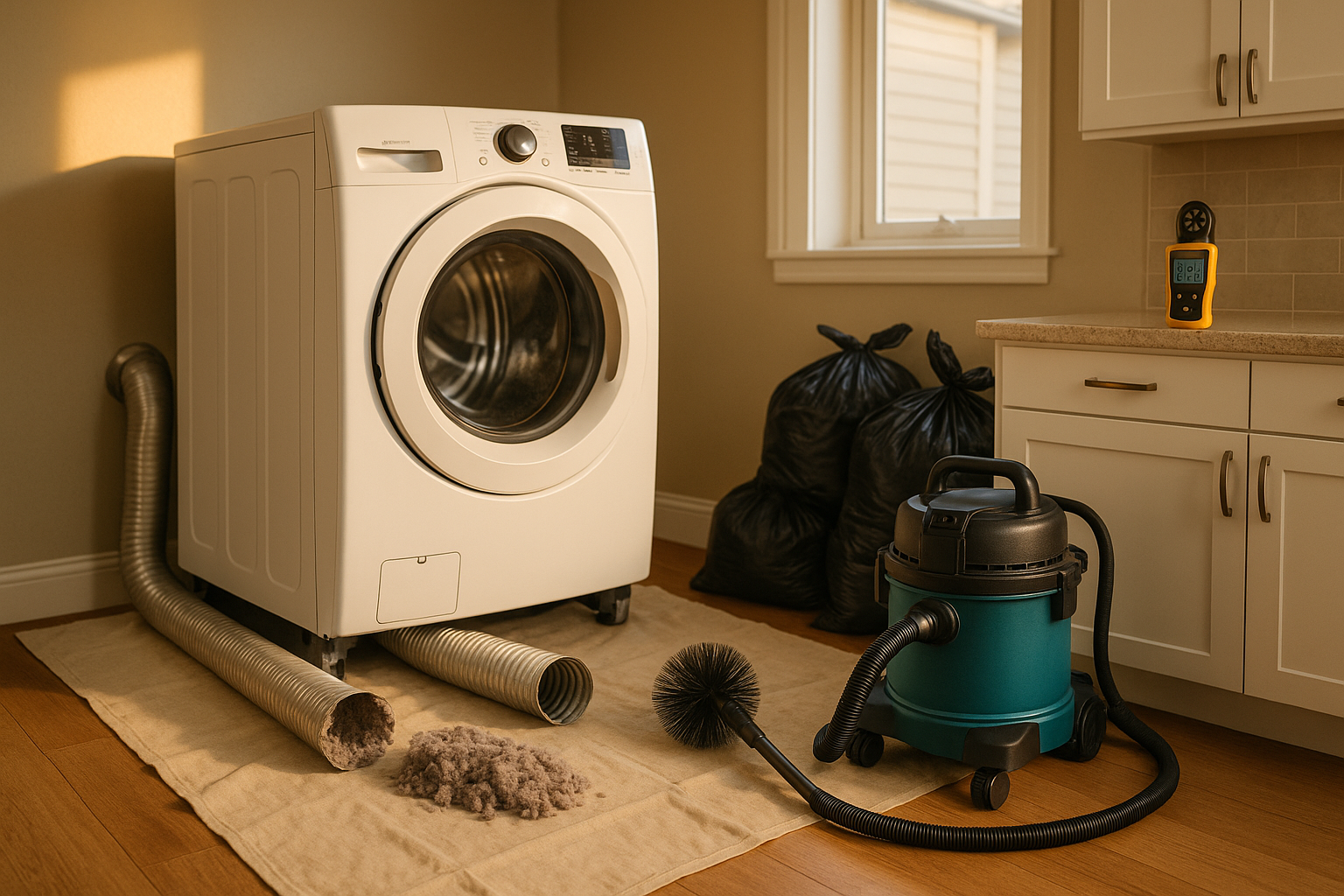 Laundry room with dryer pulled forward, drop cloth, semi-rigid metal duct, HEPA vacuum, lint bags, warm daylight.