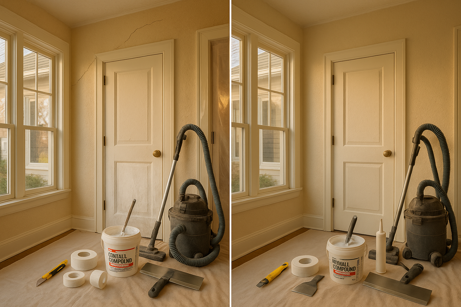 Sunroom before-and-after: diagonal hairline crack above door vs finished blended repair, staged tools and containment, warm daylight.