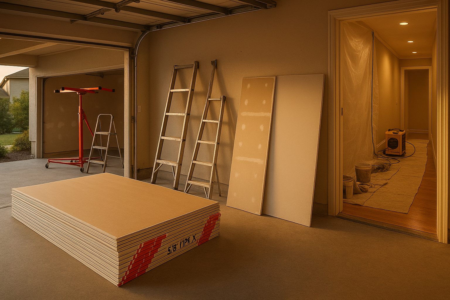 Warm golden-hour basement/garage staging with stacked 1/2" and 5/8" Type X drywall, lift, ladders, Level 4 and Level 5 panels visible.