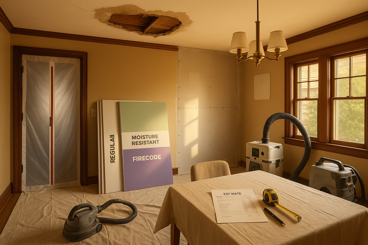 Dining room with brown ceiling water stain, crumbling plaster, cutout exposing lath, labeled drywall stack, containment sheeting, warm daylight.