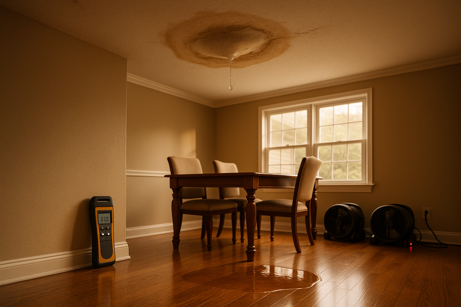 Dining room ceiling drip, puddle on hardwood, sagging stained drywall, moisture meter and dehumidifier in warm light.