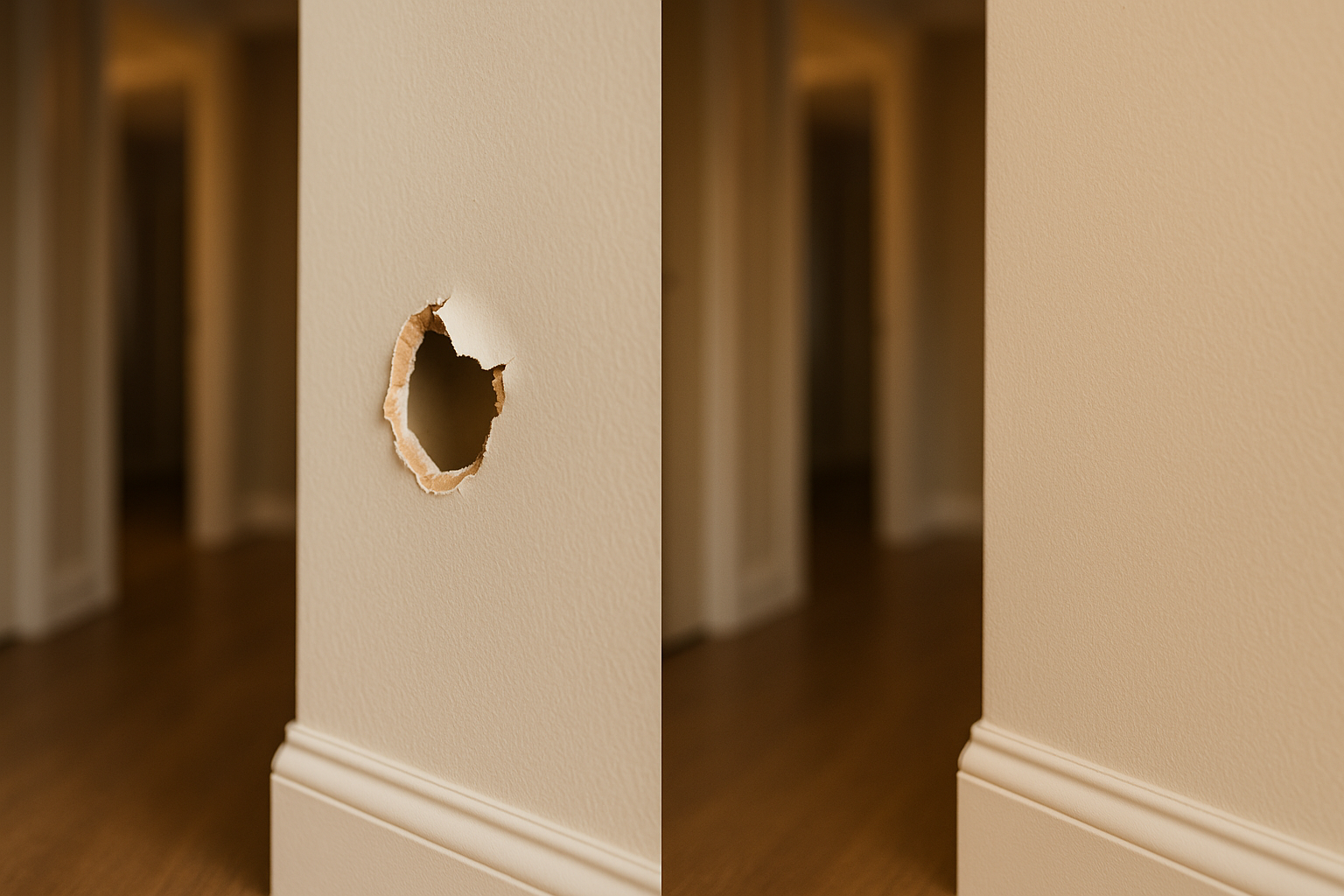 Split close-up hallway wall: doorknob-sized hole left, seamless professional patch right, warm daylight, eggshell paint.
