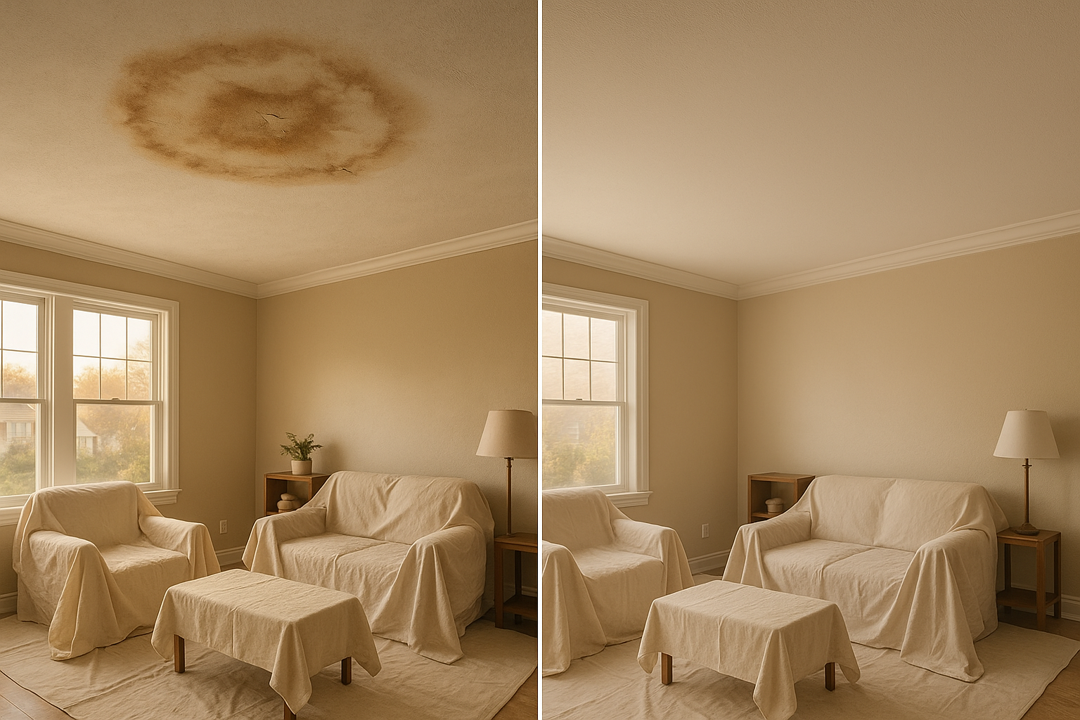 Split ceiling before-and-after: brown sagging stain left, seamless fresh repair right; warm daylight, covered furniture, interior living room.
