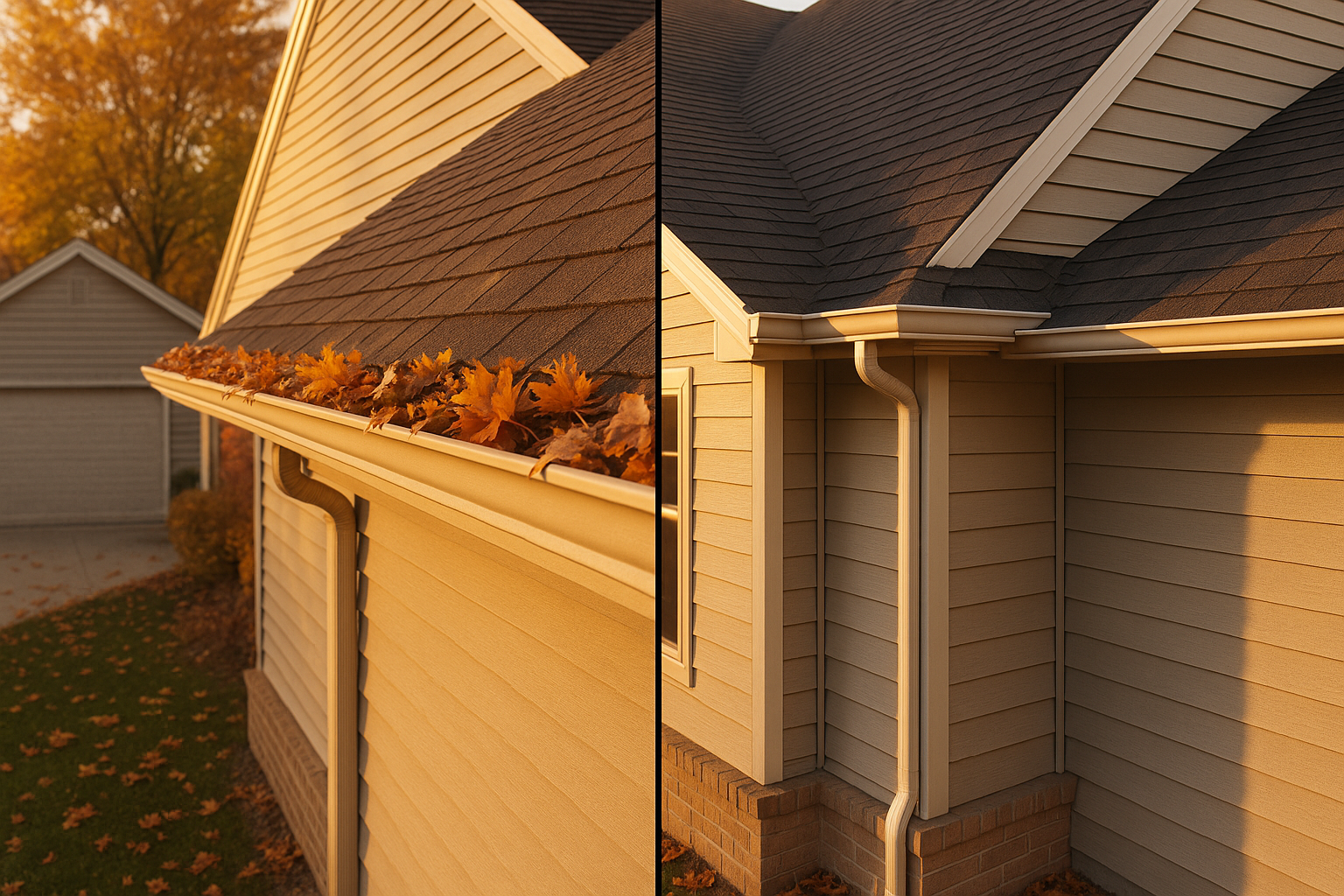 Indianapolis-style home at golden hour, split view clogged gutter vs. clean gutter, maple leaves, detached garage, warm light.