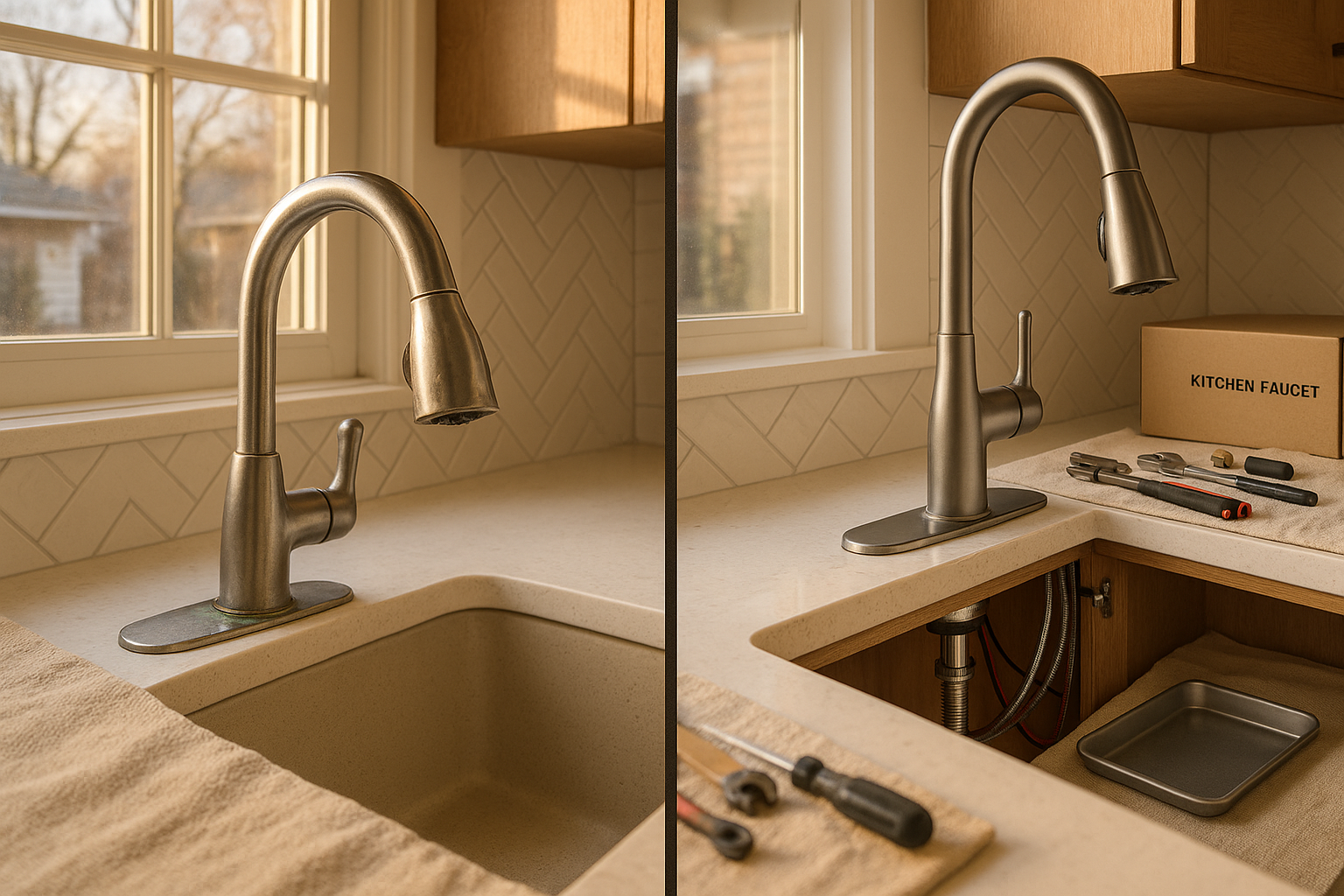 Split-frame Indianapolis kitchen: corroded faucet base and new matte-nickel pull-down faucet on quartz, warm golden hour lighting.