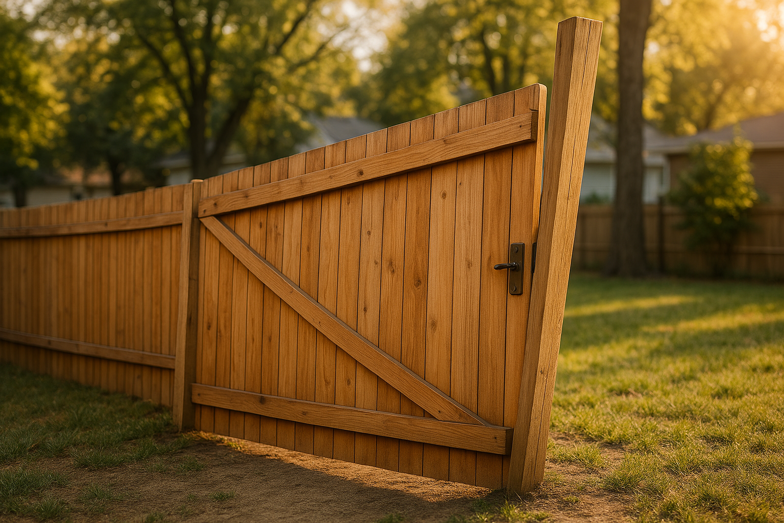 Sagging wooden privacy gate drooping toward latch with leaning post in an Indianapolis backyard at golden hour.