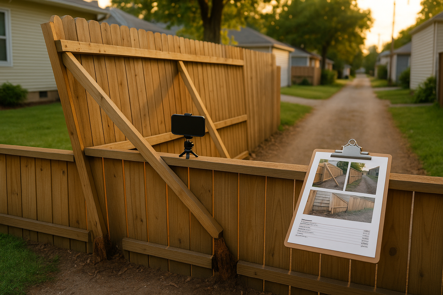 Leaning 6-ft wooden privacy fence with snapped posts, 2x4 bracing, smartphone on tripod and clipboard, golden hour alley scene.