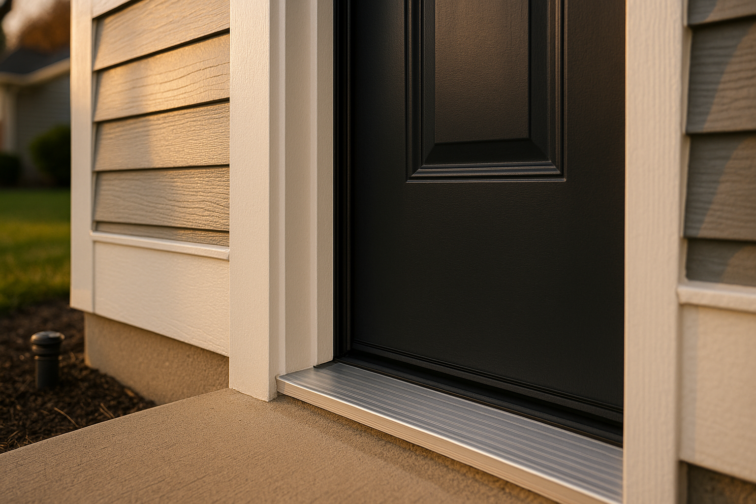 Close-up Fishers front door with weatherstripping, aluminum threshold, brass strike plate, fresh trim caulk in golden-hour light.