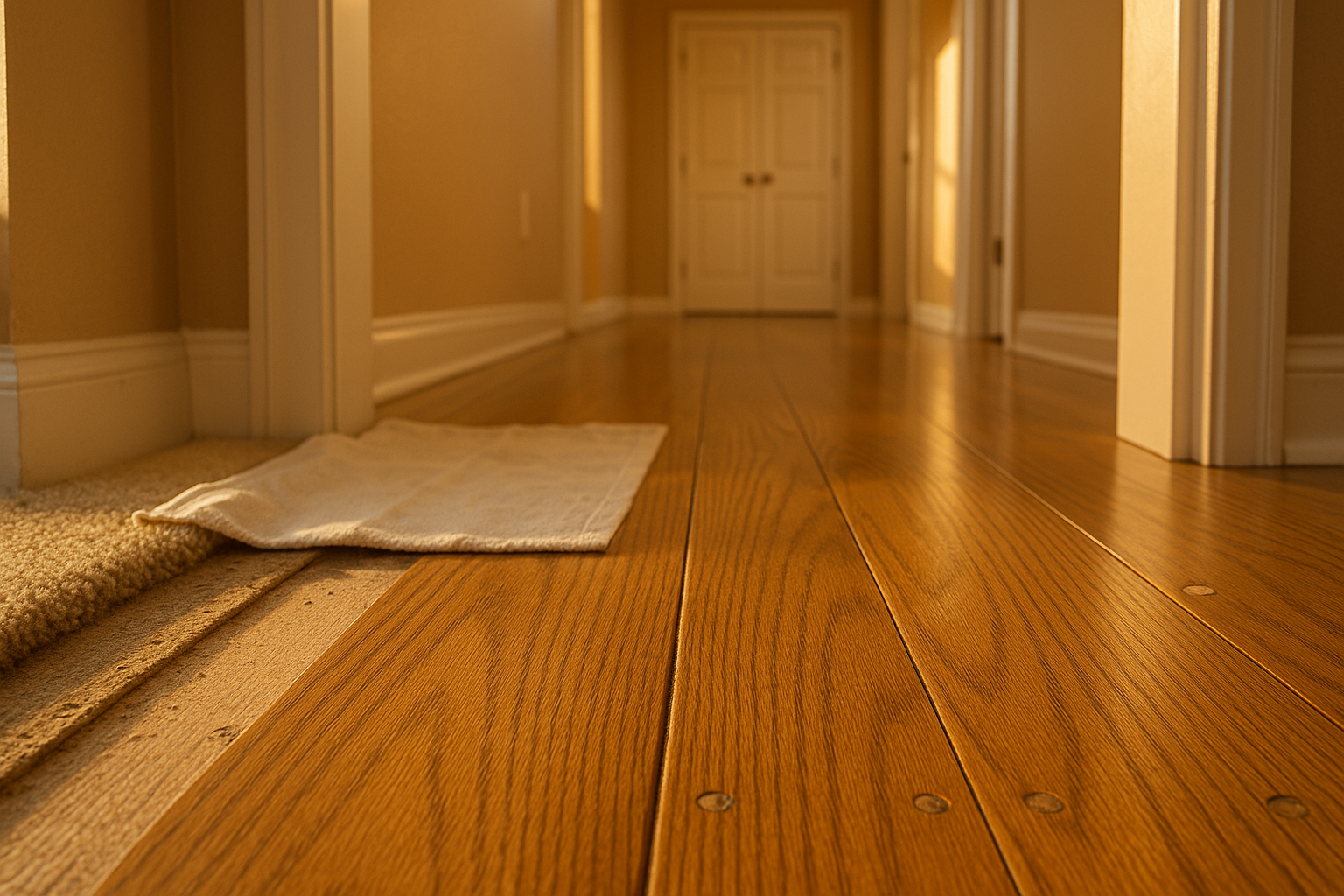 Warm hallway, hardwood floor close-up with seam, counter-sunk screws and sanded wood plugs, pulled-back carpet revealing subfloor.