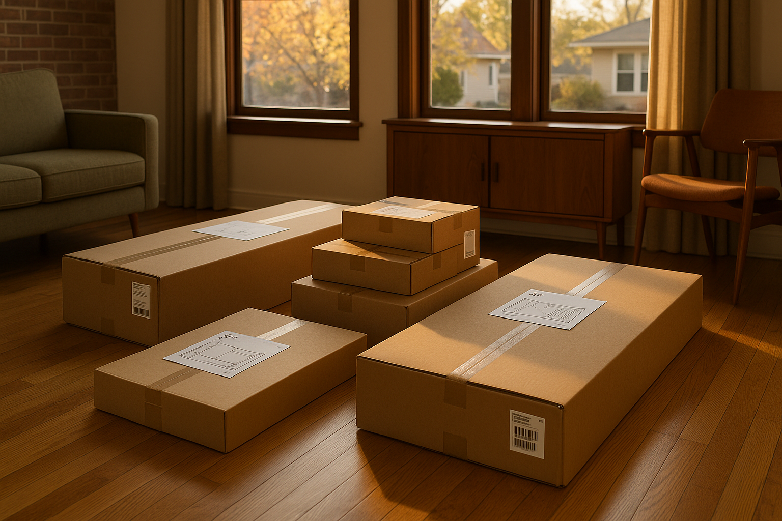 Broad Ripple living room with unopened flat-pack boxes, instruction manuals, hardwood floors, golden-hour light.