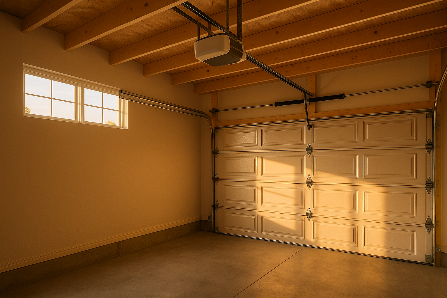 Ceiling-mounted belt-drive opener with rubber belt and rail in warm-lit Indianapolis residential garage.