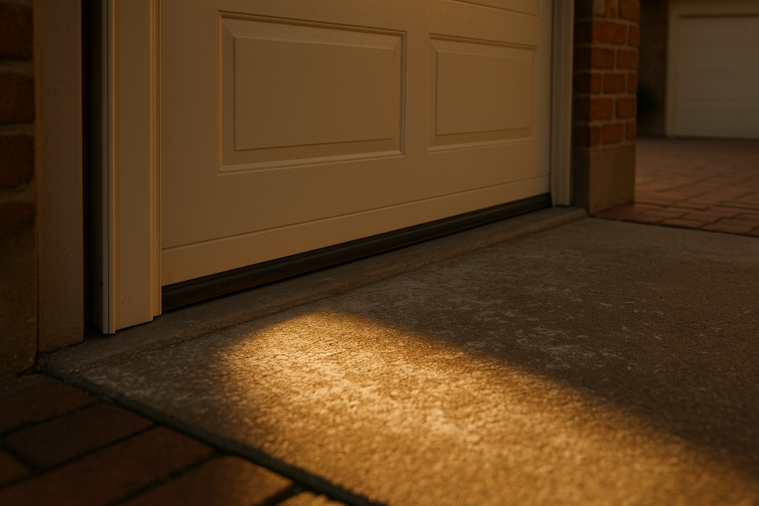 Interior close-up: daylight streaming under closed garage door over salt-sprinkled concrete at golden hour.