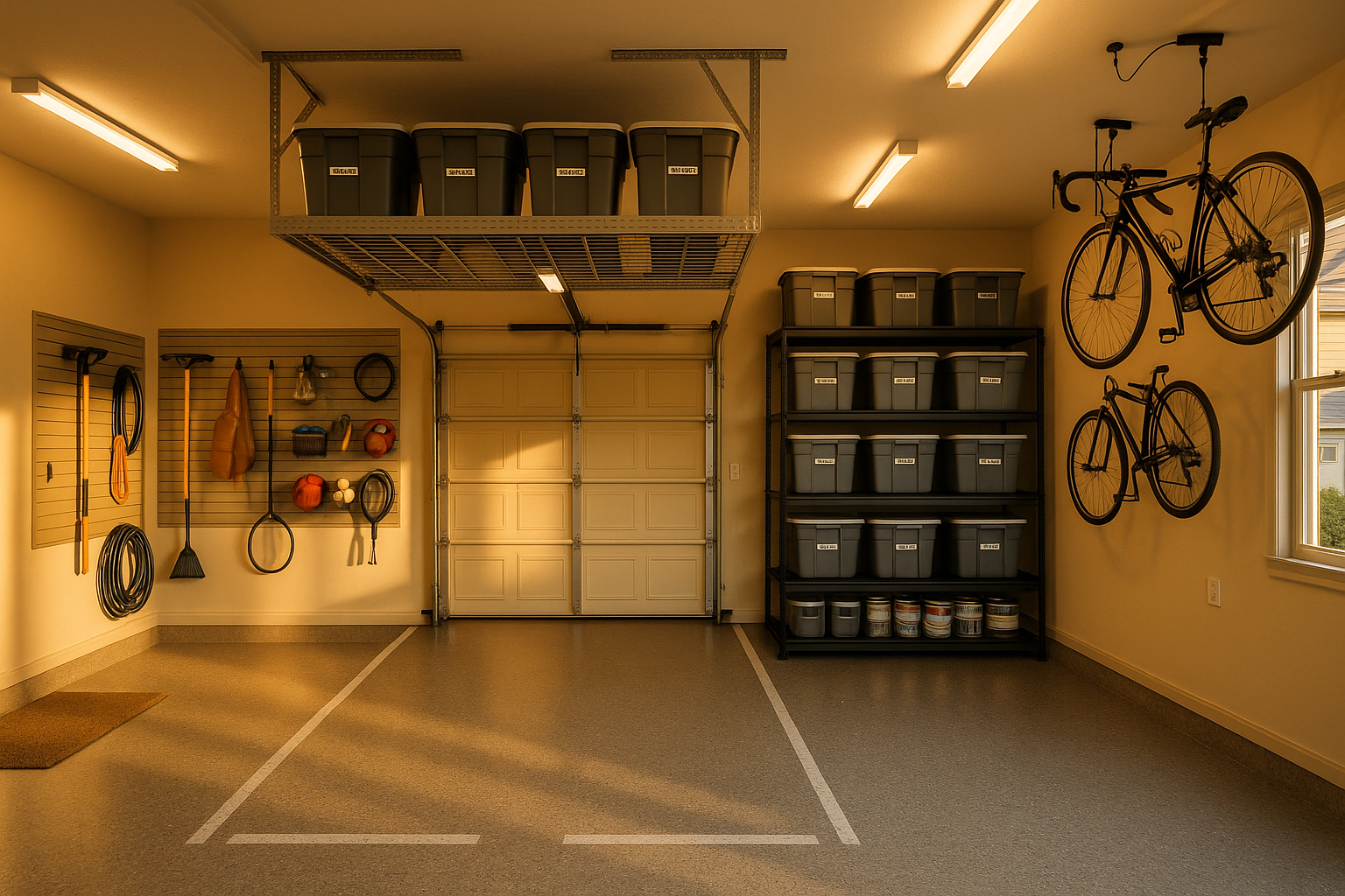 Wide two-car garage with epoxy floor, slatwall, steel shelving, overhead tote rack, bike hooks, LED lights, warm daylight.