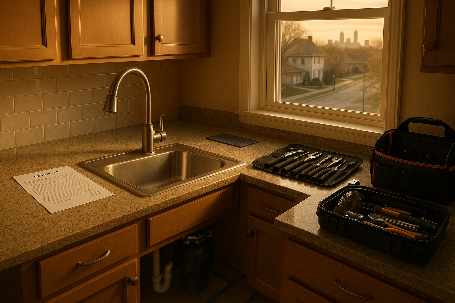 Premium kitchen sink with mounted garbage disposal, estimate on counter, warm daylight, Indianapolis view, protective coverings.
